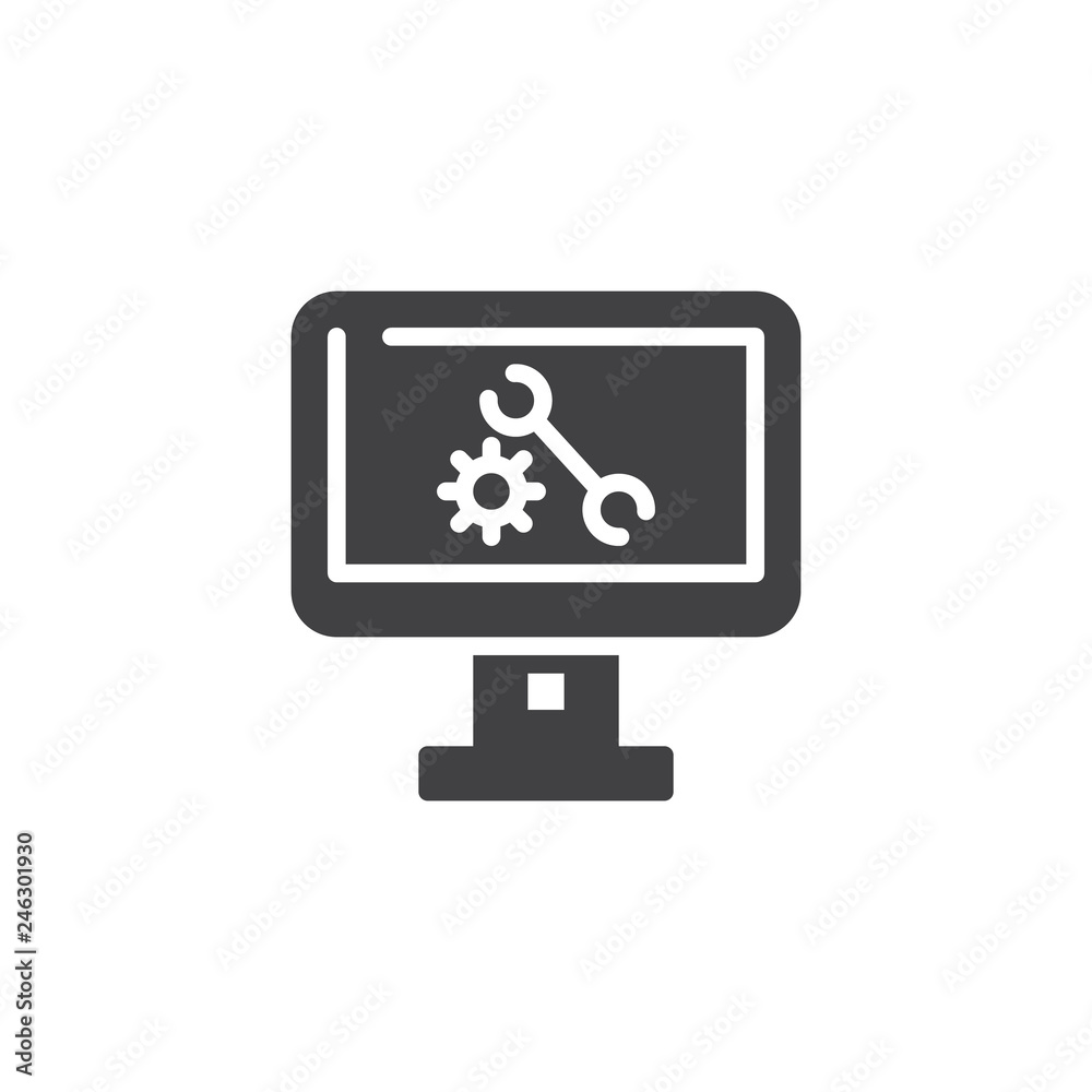 Computer settings vector icon. filled flat sign for mobile concept and web design. PC monitor with gear and wrench simple solid icon. Symbol, logo illustration. Pixel perfect vector graphics Computer settings vector icon. filled flat sign for mobile concept and web design. PC monitor with gear and wrench simple solid icon. Symbol, logo illustration. Pixel perfect vector graphics