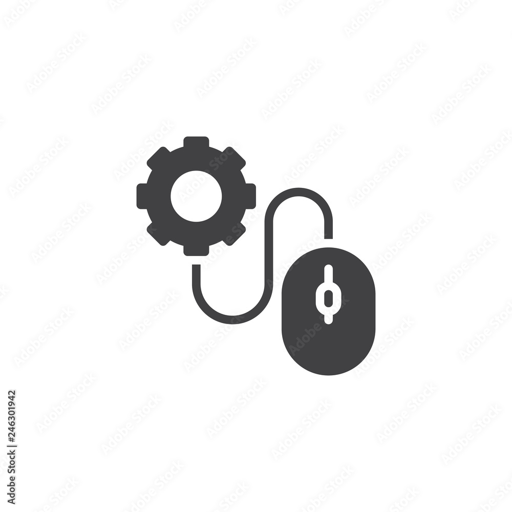 Computer Mouse and Gear vector icon. filled flat sign for mobile concept and web design. Mouse click settings simple solid icon. Symbol, logo illustration. Pixel perfect vector graphics Computer Mouse and Gear vector icon. filled flat sign for mobile concept and web design. Mouse click settings simple solid icon. Symbol, logo illustration. Pixel perfect vector graphics