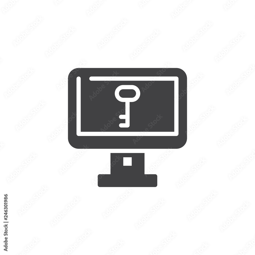Computer security, password vector icon. filled flat sign for mobile concept and web design. Computer monitor with key simple solid icon. Symbol, logo illustration. Pixel perfect vector Computer security, password vector icon. filled flat sign for mobile concept and web design. Computer monitor with key simple solid icon. Symbol, logo illustration. Pixel perfect vector