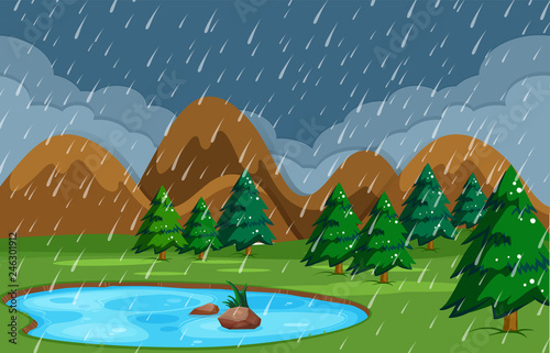 Rainy night at pond nature