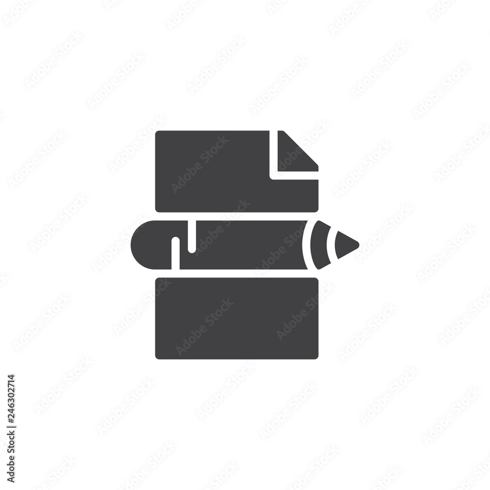 Document file and pen vector icon. filled flat sign for mobile concept and web design. Note paper and pencil simple solid icon. Writing symbol, logo illustration. Pixel perfect vector graphics Document file and pen vector icon. filled flat sign for mobile concept and web design. Note paper and pencil simple solid icon. Writing symbol, logo illustration. Pixel perfect vector graphics