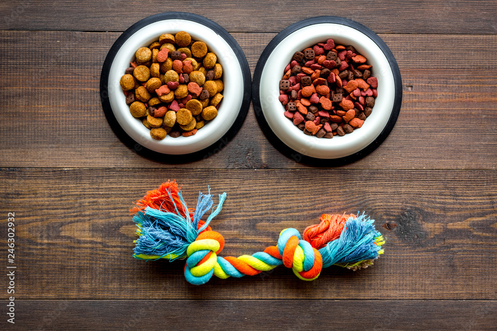 Pets accessories in home. Dog food in bowl and toys on dark wooden background top view Pets accessories in home. Dog food in bowl and toys on dark wooden background top view