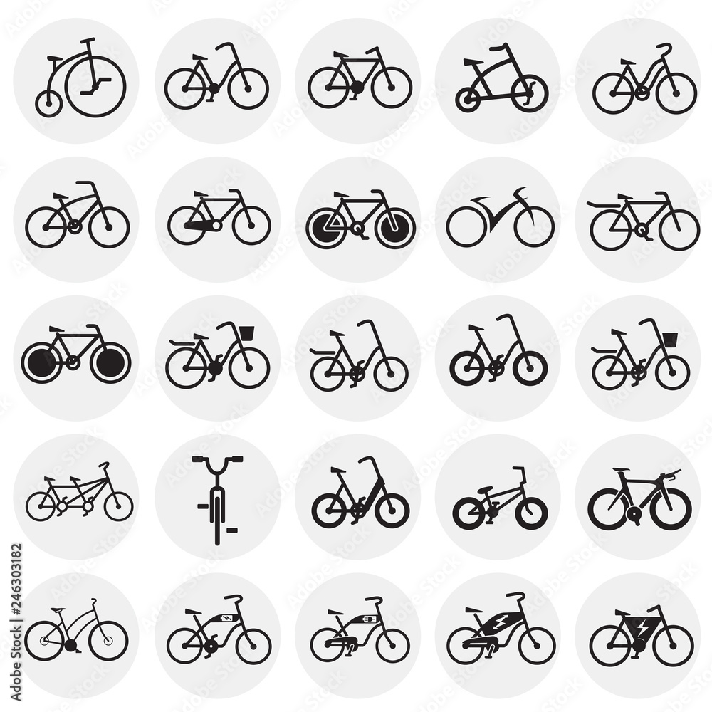 Bicycle icons set on circles white background for graphic and web design, Modern simple vector sign. Internet concept. Trendy symbol for website design web button or mobile app Bicycle icons set on circles white background for graphic and web design, Modern simple vector sign. Internet concept. Trendy symbol for website design web button or mobile app