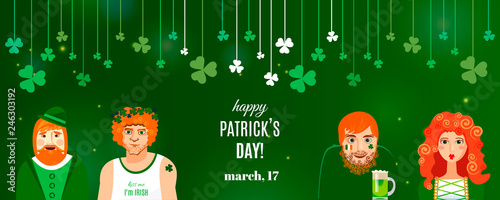 Concept shamrock banner template for St. Patrick's day design. White lettering logo, clover on strings and Irish characters on green background: funny redhead modern Irishmen drinking in pub. Vector