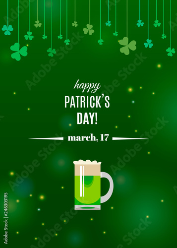 Happy St. Patrick's Day poster template with clover shamrock leaves on strings and glass of Irish green beer. Vector illustration for Ireland holiday design. Spring green background