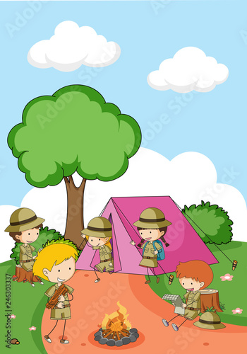 Camping kids in nature