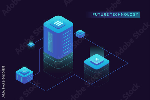 Isometric internet equipment illustration. Powered server and data center. Graphic concept for your design.