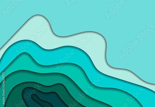 Abstract background with blue shapes cut from paper. It looks like sea waves. 3D abstract paper art style, design layout for business presentations, brochure covers, flyers, posters, prints, postcards