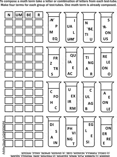 Word game (English language) for kids or adults: Compose four math terms for each group of test-tubes by taking a letter or combination of letters from each tube. Answer included.