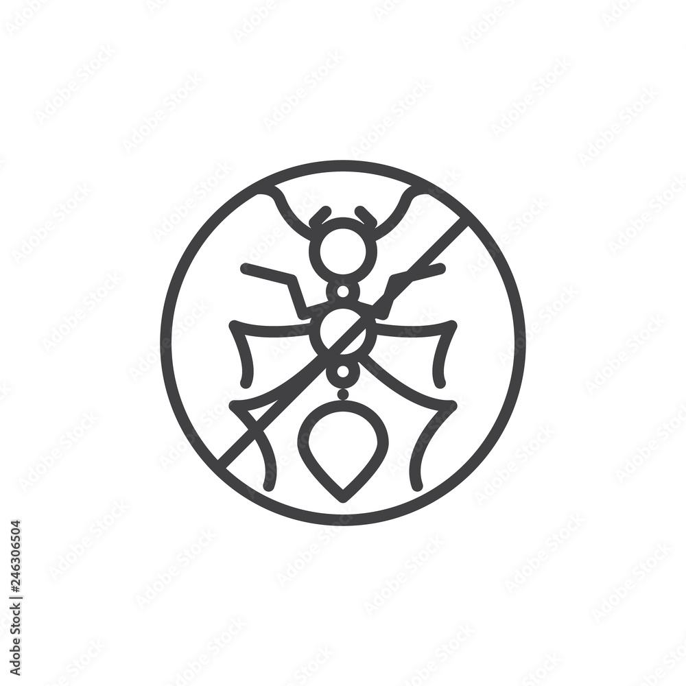 No ant pest line icon. linear style sign for mobile concept and web design. Ant insects prohibited outline vector icon. Stop pests symbol, logo illustration. Pixel perfect vector graphics No ant pest line icon. linear style sign for mobile concept and web design. Ant insects prohibited outline vector icon. Stop pests symbol, logo illustration. Pixel perfect vector graphics