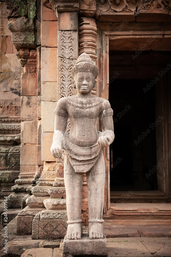 Carved stone God guard of Phanom Rung castle in Buriram, Thailand