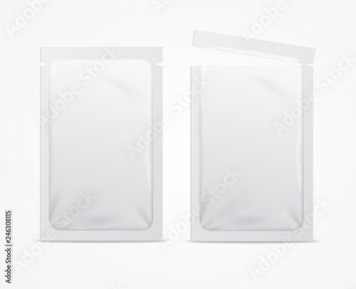 Realistic 3d Detailed White Blank Foil or Plastic Sachet Template Mockup Set. Vector photo