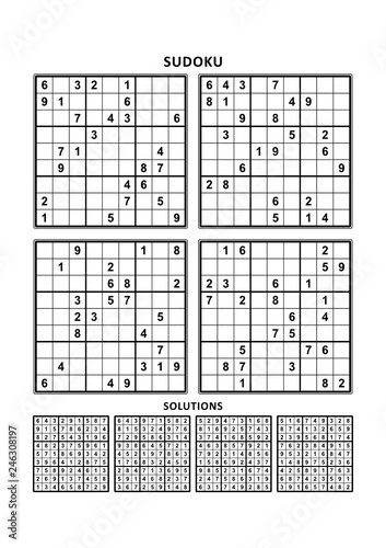 Four sudoku puzzles of comfortable (easy, yet not very easy) level, on A4 or Letter sized page with margins, suitable for large print books, answers included. Set 6.