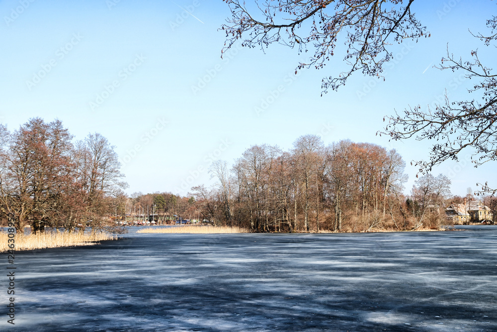 Landscape with lake covered with ice and trees around with Sunny day Landscape with lake covered with ice and trees around with Sunny day