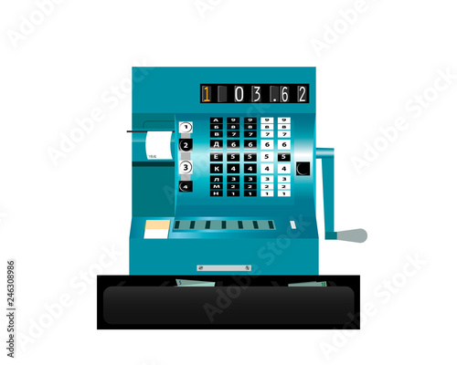 Vintage cash register on a white background. Front view. Vector.