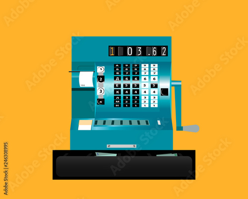 Retro cash register. Front view. Vector illustration.