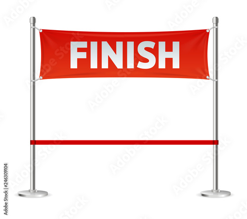 Realistic 3d Detailed Red Ribbon in Finishing Line. Vector