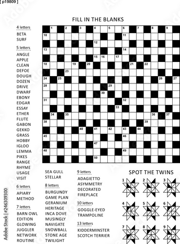 Puzzle page with two puzzles: 19x19 criss-cross word game (English language) and abstract visual puzzle. Black and white, A4 or letter sized. Answers are on separate file.