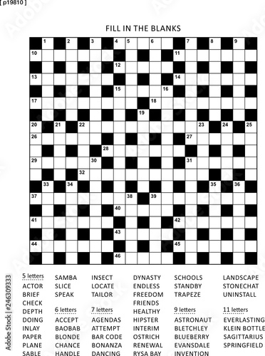 Puzzle page with 19x19 criss-cross (or fill in, else kriss-kross) English language word game. Black and white, A4 or letter sized. Answer is on separate file.