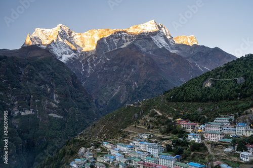 Namche Bazaar village and Kongde Ri mountain peak, Everest region, Nepal