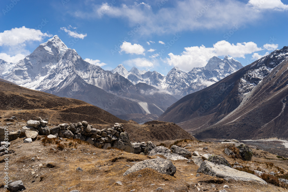 Panoramic view of Himalayas mountain range from Thukla pass in Everest base camp trek, Nepal