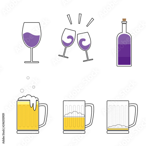 Alcohol drinks set, Beer glass and Wine glass,Beer and Wine icon set.