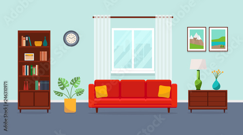 Living room with red sofa, bookcase, torchere, vase, plant, paintings and window. Vector flat illustration.