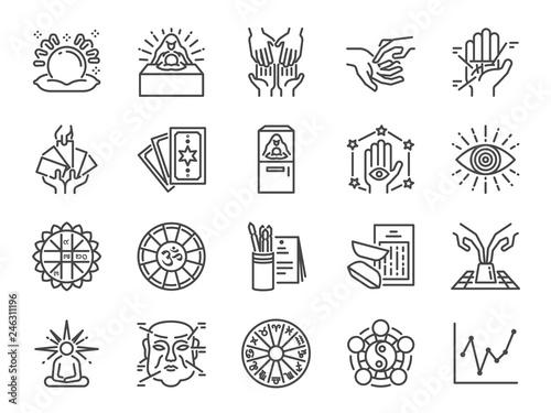 Fortune telling line icon set. Included icons as fortunes, tarot, palmistry, Chi-Chi Sticks, horoscope and more.