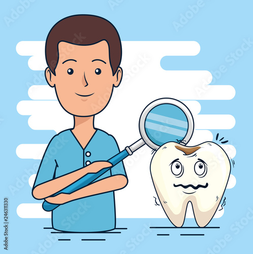 dentist man and tooth with caries diagnosis