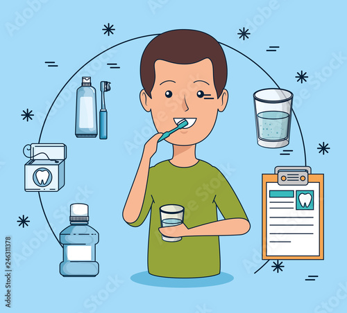 man teeth hygiene with toothbrush and mouthwash