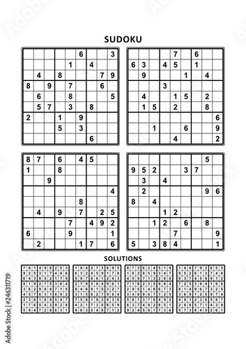 Four sudoku puzzles of comfortable (easy, yet not very easy) level, set 2, on A4 or Letter sized page with margins, suitable for large print books, answers included