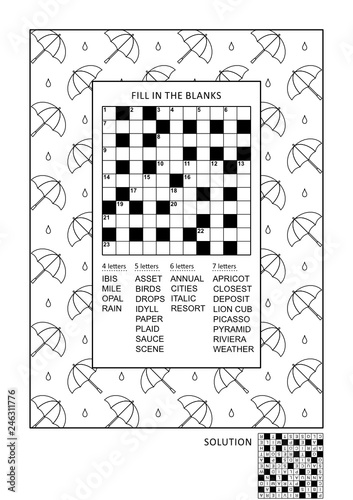 Puzzle and coloring activity page for grown-ups with criss-cross word game (English) and wide decorative frame to color. Family friendly. Answer included.