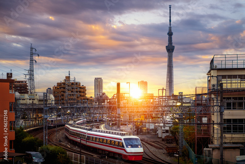 Train in city in Tokyo with sunset background