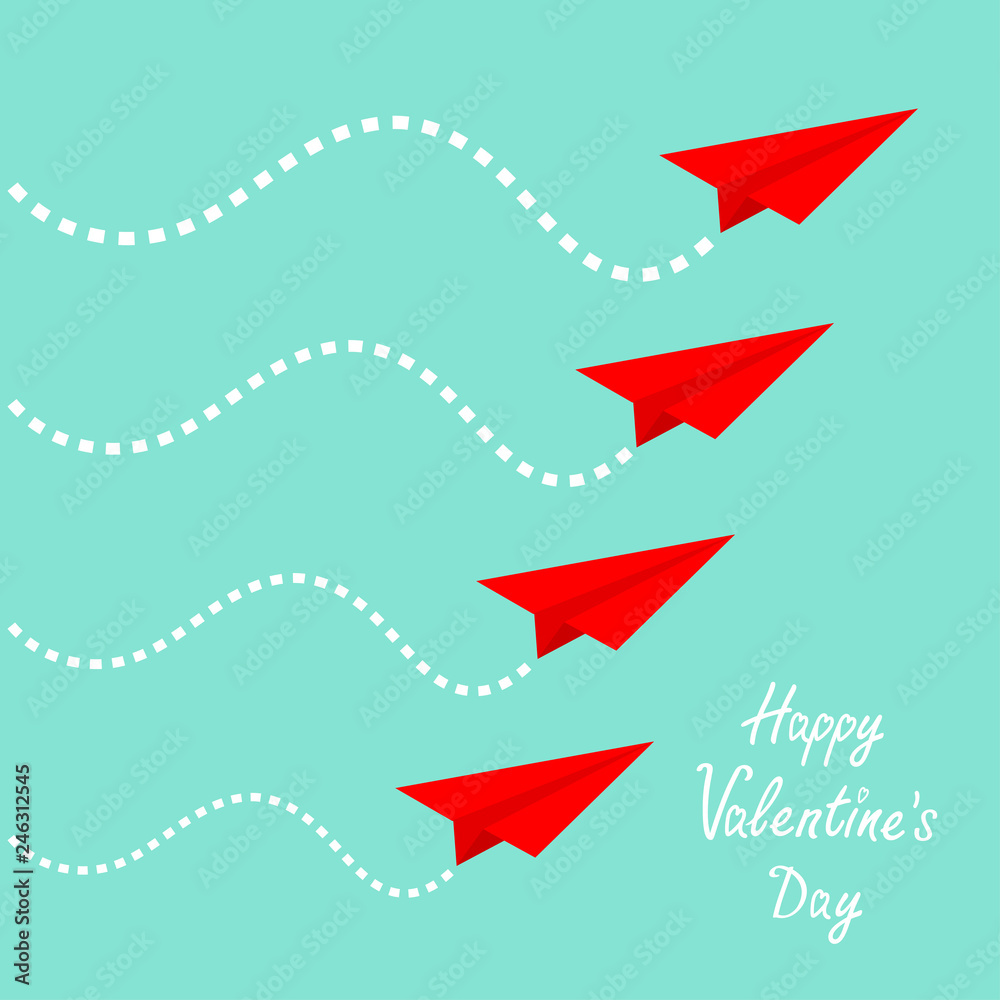 Happy Valentines Day. Six flying red origami paper plane set . Dash line in the sky. Love Greeting card. Flat design. Blue background. Isolated. Happy Valentines Day. Six flying red origami paper plane set . Dash line in the sky. Love Greeting card. Flat design. Blue background. Isolated.
