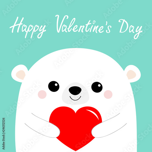 Happy Valentines Day. White bear head face holding red heart. Cute cartoon kawaii funny baby animal character. Love card. Flat design. Blue background. Isolated.