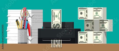 Dollar banknote in shredder machine