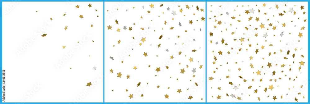 3d gold and silver stars confetti celebrations. Simple festive modern design. Holiday vector. Set 3 in 1 3d gold and silver stars confetti celebrations. Simple festive modern design. Holiday vector. Set 3 in 1