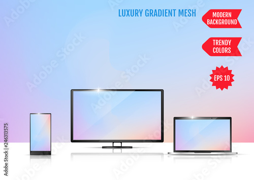 Modern abstract background. Colors transition concept. Gradient mesh. Trendy colored Surface. An example of the use of the proposed background on the screen of a laptop, smartphone and TV