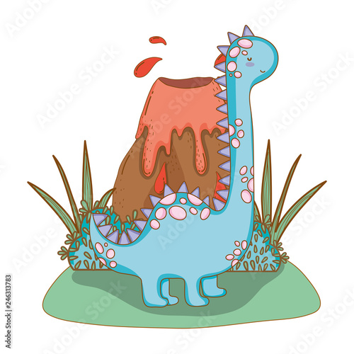 cute apatosaurus with volcano scene