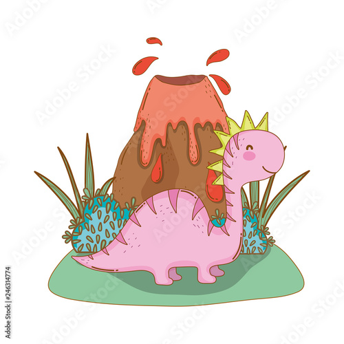 cute apatosaurus with volcano scene