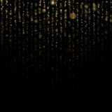 Fashion strass drops with shiny sequins. Christmas and New Year effect. Sparkling of shimmering light blurs. Glitter threads of curtain backdrop on black. Gold particles lines rain. EPS 10