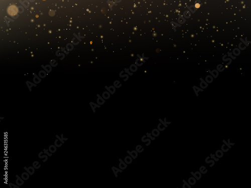Glitter particles overlay effect. Gold glittering star dust sparkling particles on black background. EPS 10