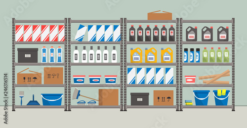 Shelving with household goods. Warehouse racks. Storeroom. There are cardboard boxes, buckets, brushes, bottles and other things in the picture. Vector illustration