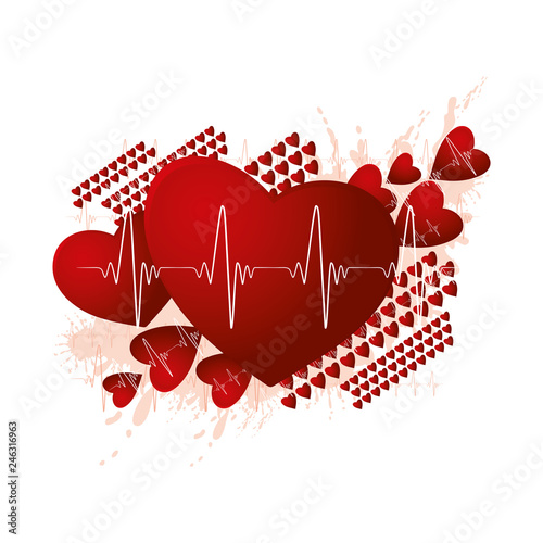 Medicine and abstract cardio concept with red hearts on white background.