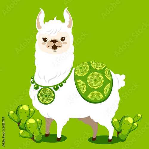 hand drawn, cartoon cute, llamas or alpaca in Peru on green background, vector illustration.