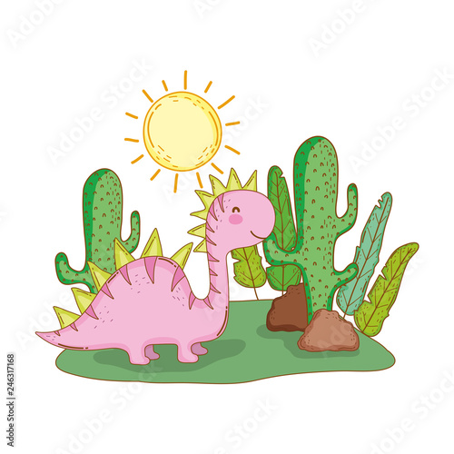 cute apatosaurus with cactus in the landscape