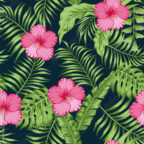 Tropical leaves and hibiscus seamless dark blue background