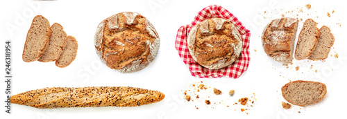 Freshly baked bread isolated on white background. Rustic wholegrain bread, round shape