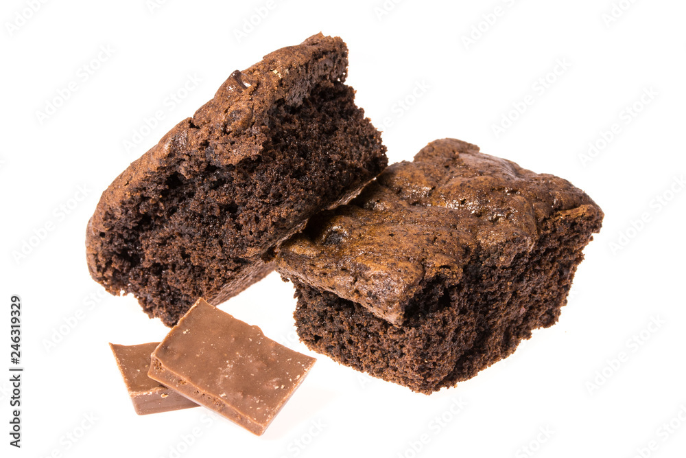 Chocolate brownies isolated on white background, homemade bakery and dessert concept Chocolate brownies isolated on white background, homemade bakery and dessert concept