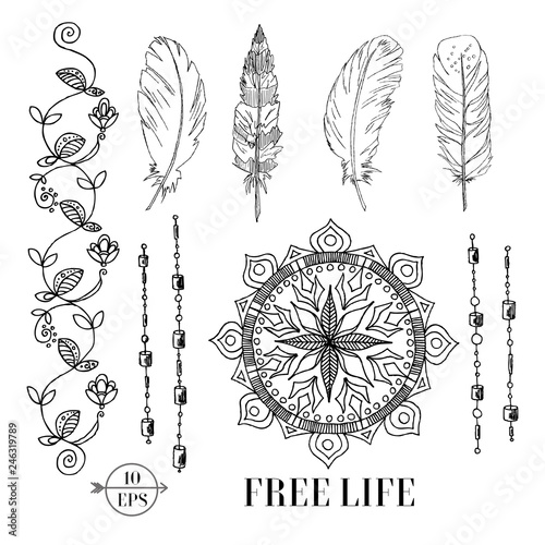 Vector a set of hand-drawn flowers ribbon, dreams catcher, mandala, feathers. Boho style illustration.